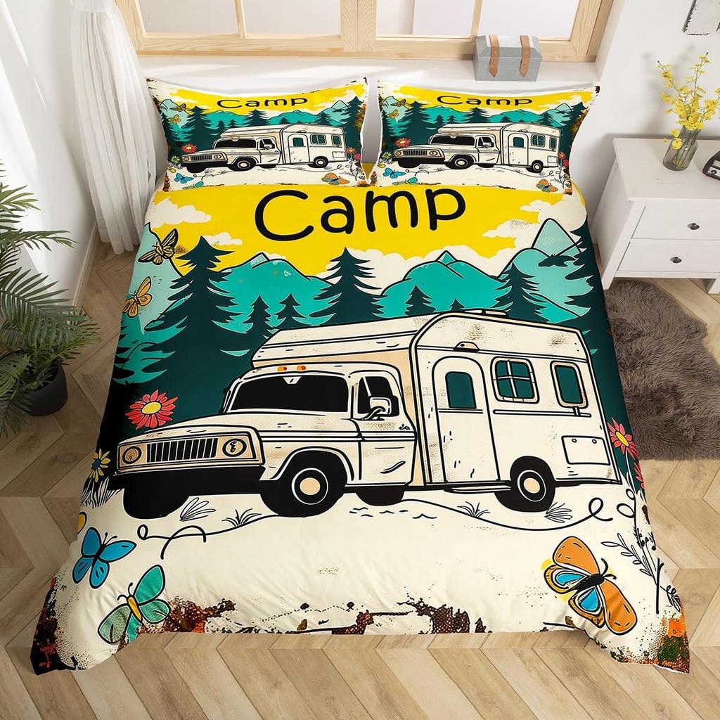Camping Duvet Cover Set Full King Size Cartoon Rv Camping Car Bedding Set Camper Accessories For Travel Trailers Comforter Cover