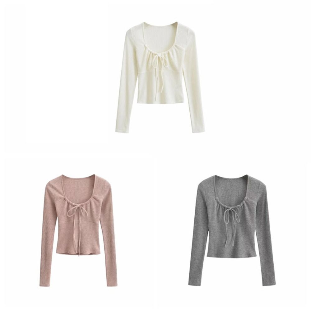 Thin Sweet Slim Tops Square Neck Lace Up T-shirt All-Match Long Sleeve T-shirt  Girls
