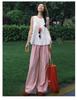 Petite Women's Blue Plaid High Waist Elastic Summer Pants - Yamamoto Drape Casual Straight Wide Leg 