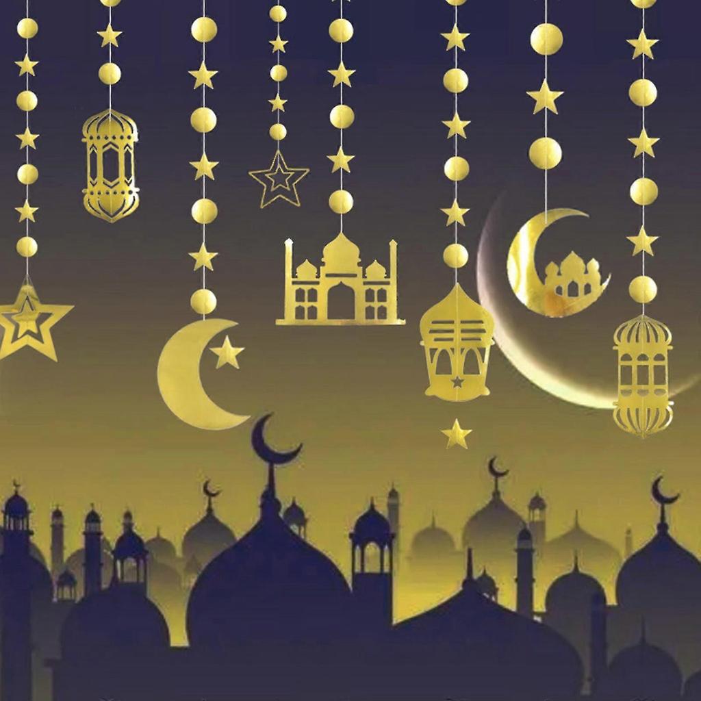 Eid Paper String Pendant 8pcs/set Golden Moon Star Hanging Garland for Banner Ornament for Islam Muslim Ramadan Party Wa less