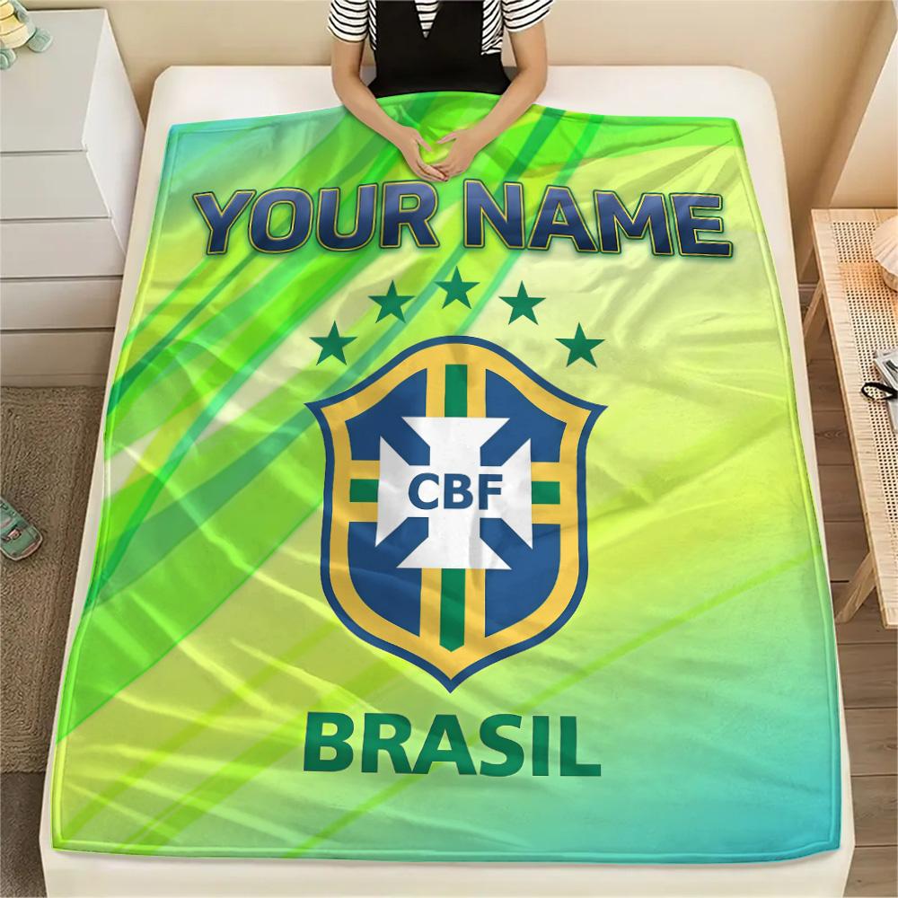 Custom Name Brazil Football Confederation Flannel Blanket, High quality Comfortable for All Seasons, Home Decor, Warmth and Comfort
