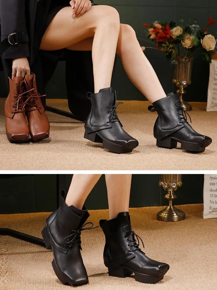 Johnature Square Toe Thick Heel Short Boots Genuine Leather Lace-up Women's Fashion Platform Boots