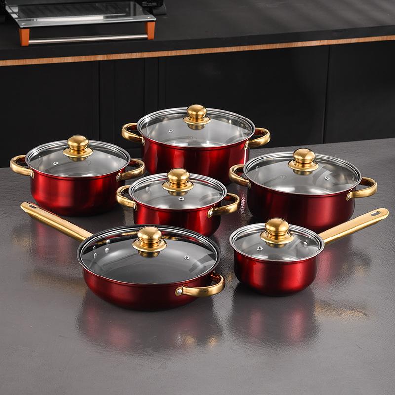 Stainless Steel Blue Pot Set, Gold Handle Six-piece Set, Soup Pan, Milk Pan, Frying Pan, Wok, Cookware