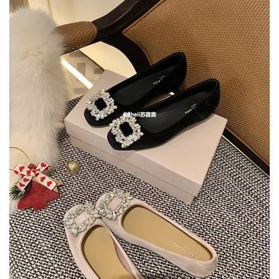 Cowhide Version~ Square Head Rhinestone Single Shoes Women's Shallow Mouth Square Head Flat Bottom Dinner Commute