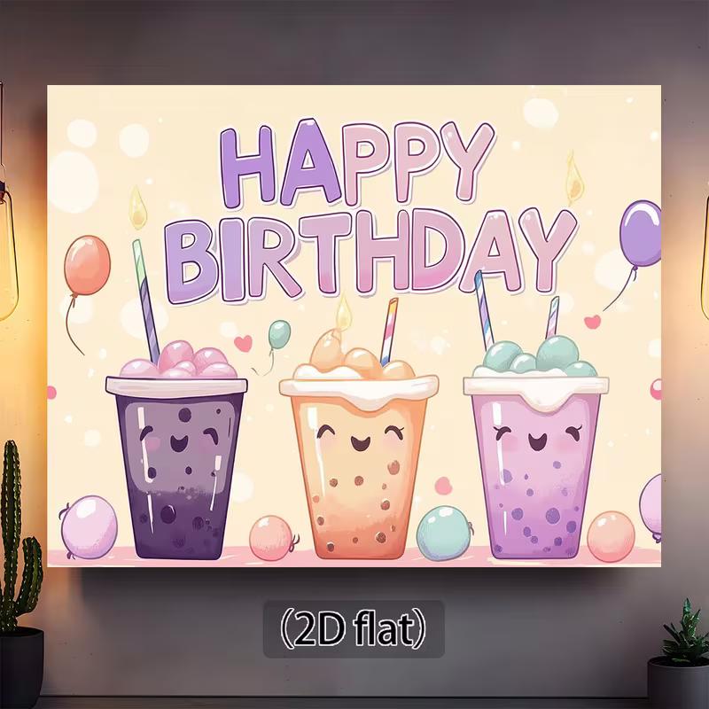 2D Boba-Themen-Geburtstagshintergrund, Kawaii Bubble Tea & Luftballons Kulisse
