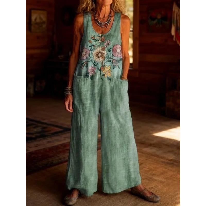 2026 Women's Vintage Summer Cotton and Linen Button Pocket Comfortable Sleeveless Casual One-piece Wide Leg Jumpsuit