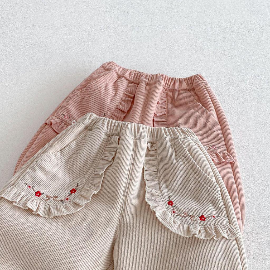 Girls' Fleece-Lined Korean Style Embroidered Joggers – Winter 2025 Children's Thick Sweatpants