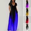 Robe Maxi pour Femmes Couleurs Contrastées Dégradées Col en V Manches Courtes avec Poches Ligne A Longueur Totale Robe Quotidienne de Fête de Rendez-vous