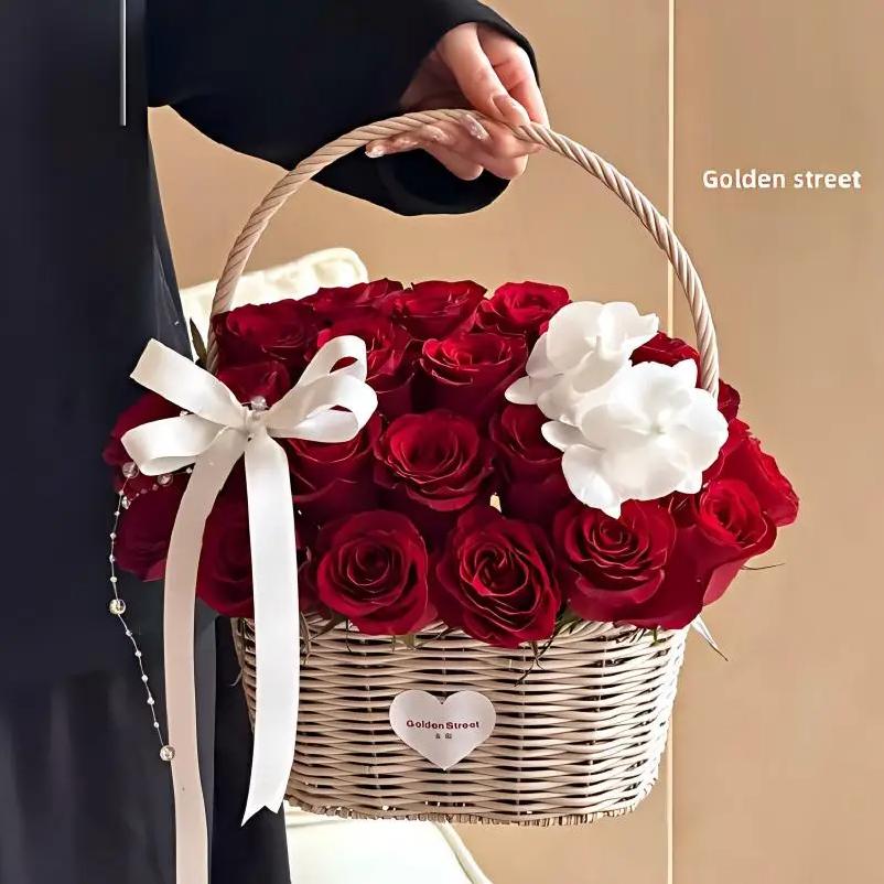 Wicker Rattan Flower Basket Wicker Woven Basket with Handle Pincnic Basket Sundries Storage Organizer Wedding Party Decor