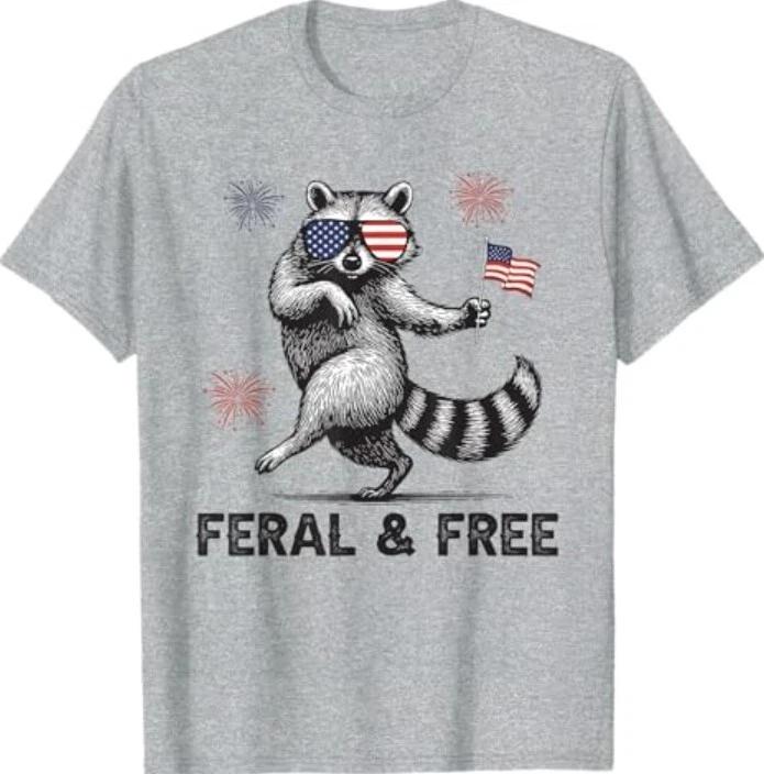 Patriotic Raccoon Feral But Free USA Flag 4th Of July T-Shirt XL