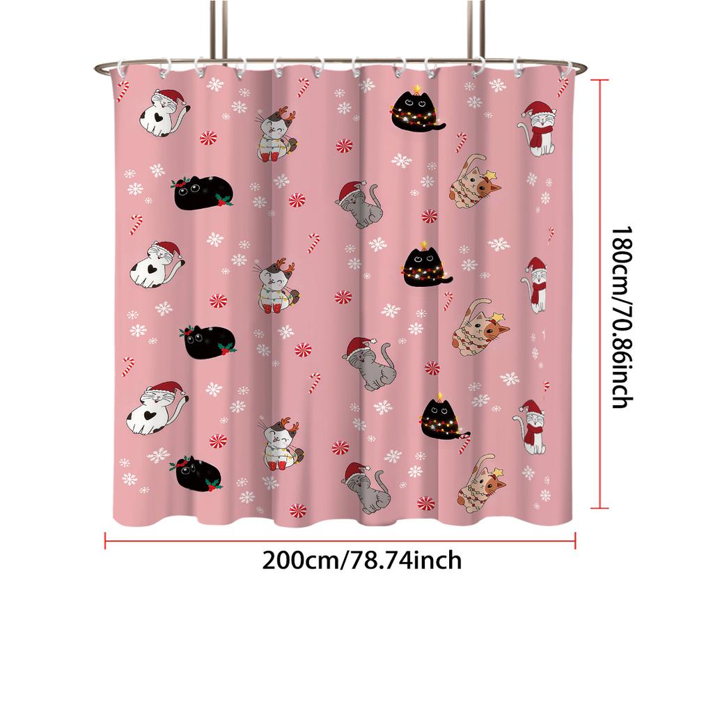 GAE1pc pink Christmas cat print waterproof shower curtain partition privacy hanging curtain with 12 hooks multiple sizes