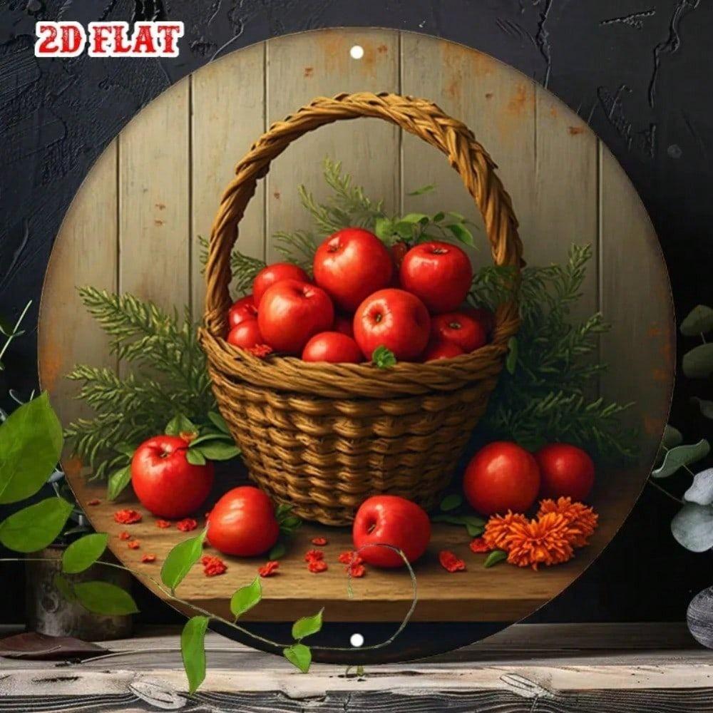 Red Apple Round Metal Wall Sign Vintage Kitchen Decor Tin Plaque