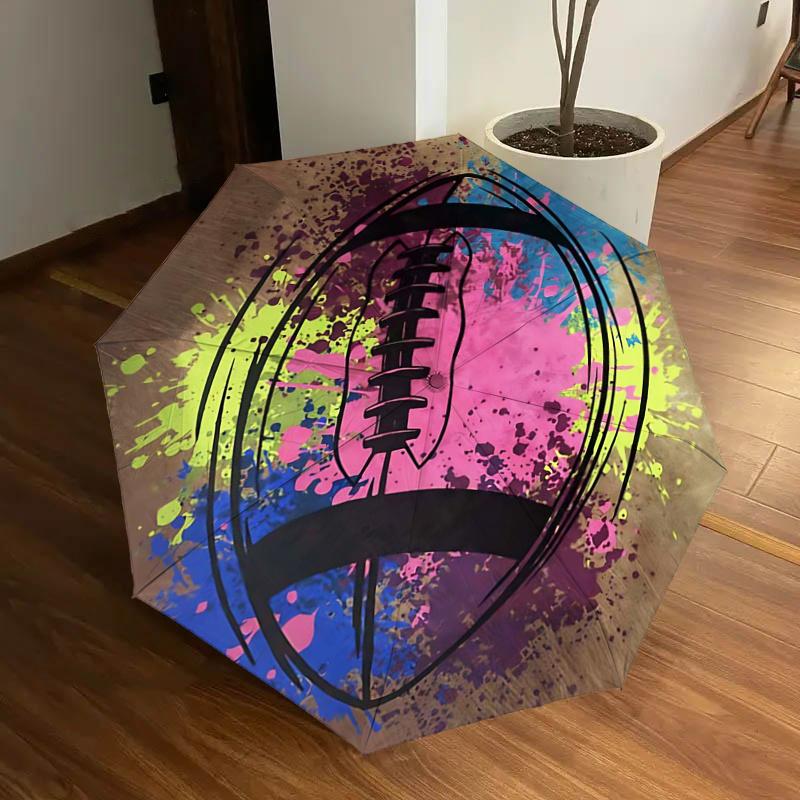 

Colorful Football Splash Art Automatic Opening/Closing Umbrella - Portable Tri-Fold Design with 8-Bone Iron Frame, Perfect for Fans, Travele