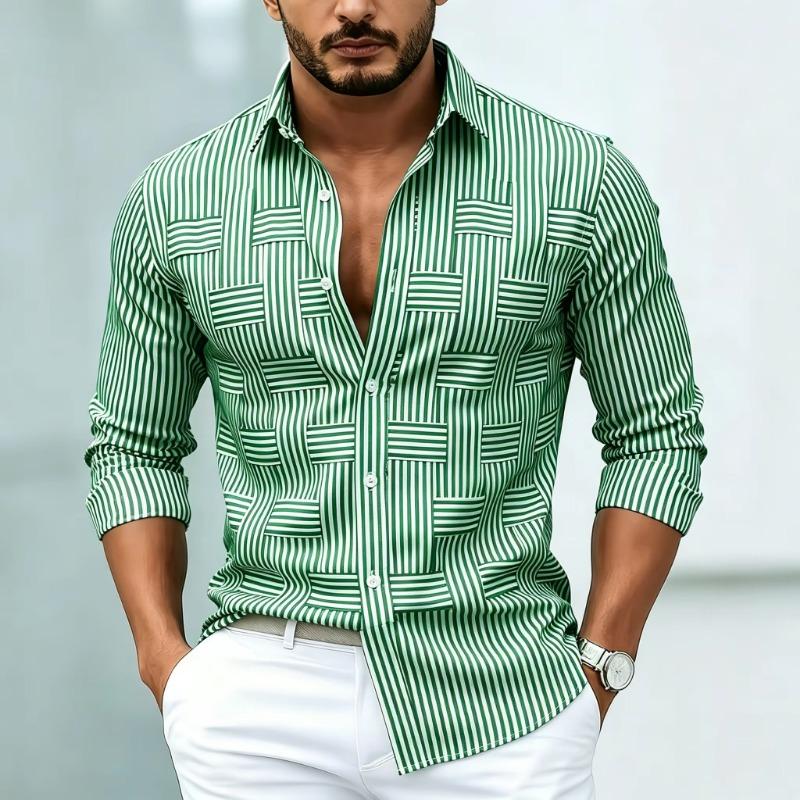 Creative striped shirt for men, black and white color blocking geometric long-sleeved versatile drape top for commuting