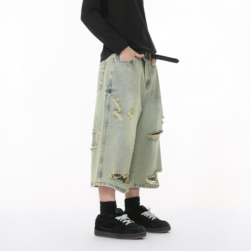 | New High Street Trend Light-colored Old Irregular Ripped Wide-leg Denim Cropped Pants