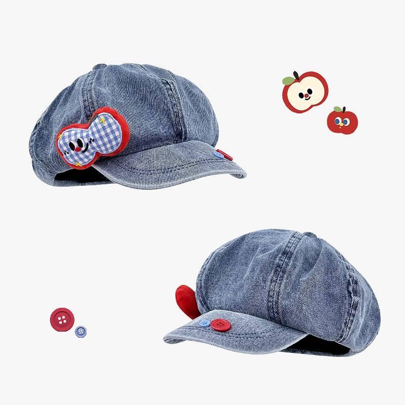 Fruit Apple Button Denim Beret Hat With Cloud Design For Womens Spring Casual
