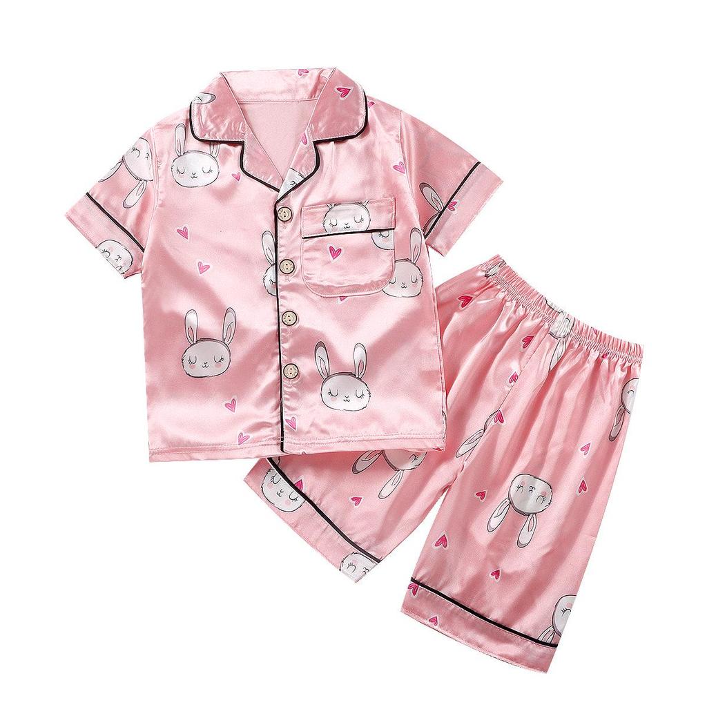Kids' Cartoon Ice Silk Short Sleeve Pajama Set for Spring and Summer