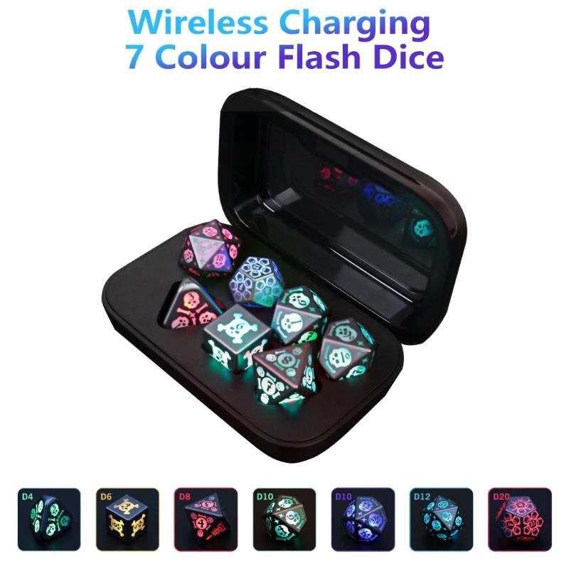 7Pcs Rechargable Glowing LED Dices Role Playings Game Polyhedral Dices LED Electronic Dices for Tabletop Game Player