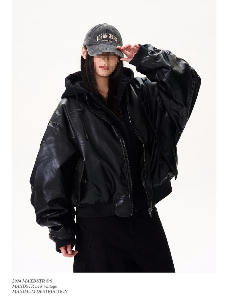 2025 Unisex Černá Bomberová Bunda s Kapucí ze Patchworkové PU Kůže