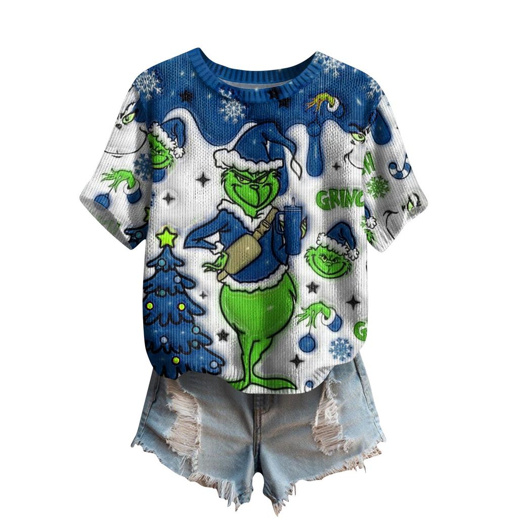 Women's Cute Sweater Knitted Fashion Casual Round-neck Short-sleeved  Cozy Print Top