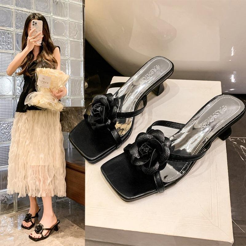 Mode Damen Sandalen Blumendekor Niedrige Absätze Sandalen Elegant Spitzpumps Mode Knöchelriemen High Heels Schuhe Damen Pantoletten Damen