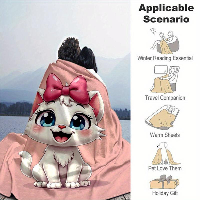 1pc Cute Cartoon Cat with Pink Bow Blanket - Seasonal Home Decor, Throw Blanket for All Seasons, for Decorating Your Own Sofa and Living Roo