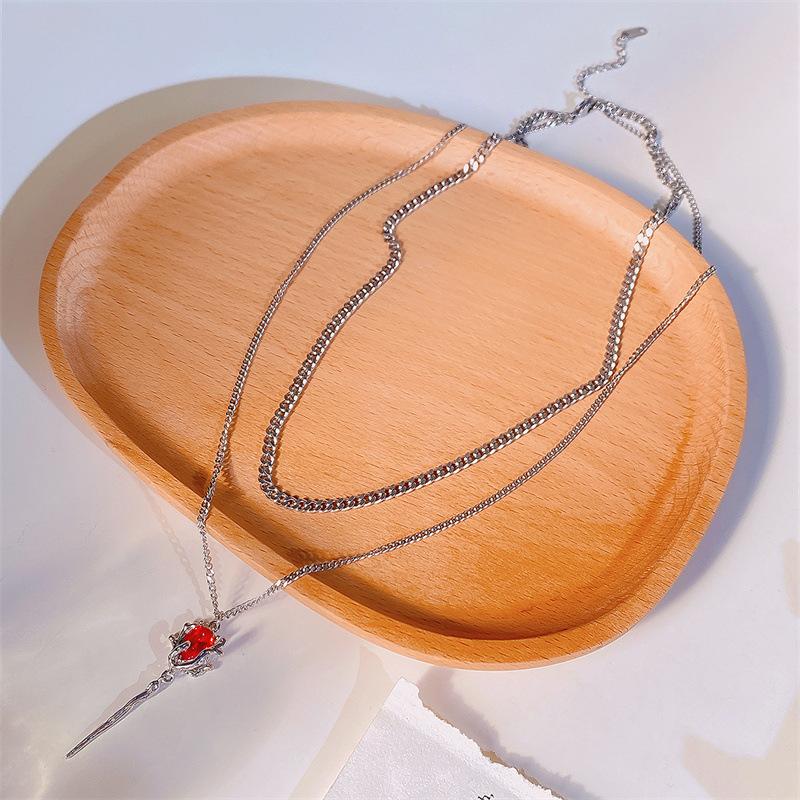Double Layers Red Rose Pendant Necklace Layered Flower Stone Chain Necklaces Irregular Floral Girls Necklace