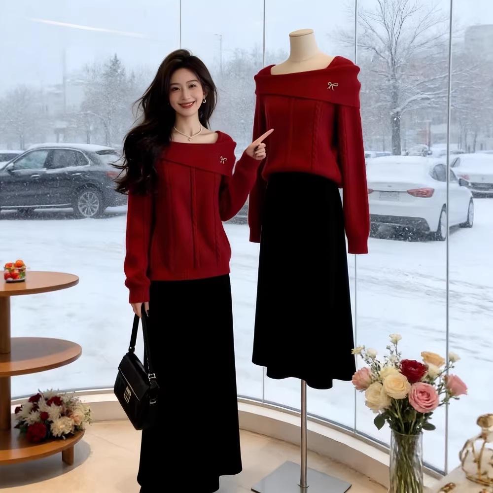 

Petite Elegant Red Knit Sweater & Skirt Set for Women - Autumn/Winter Collection M