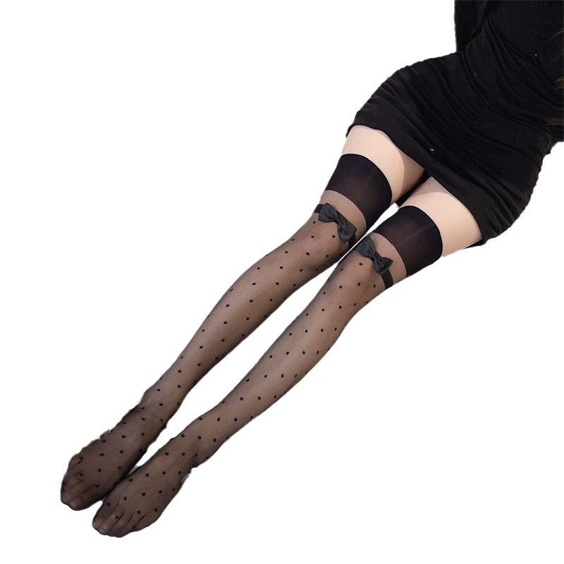 Bowknot Lace Wave Point Hosiery Nylon Stockings Mesh Sexy Women's Extra Long Tight Mujer Stylish Dot Perspective Over Knee Socks