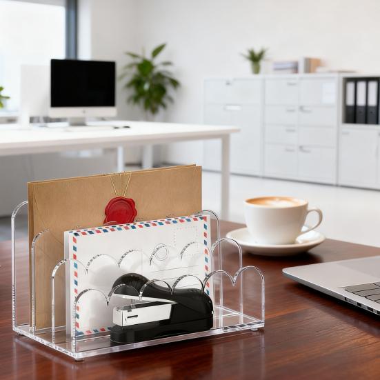 Acrylic 3-Slot Mail Organizer Desktop Clear File Classifier with Scalloped Design Vertical File Holder Desk Organizer