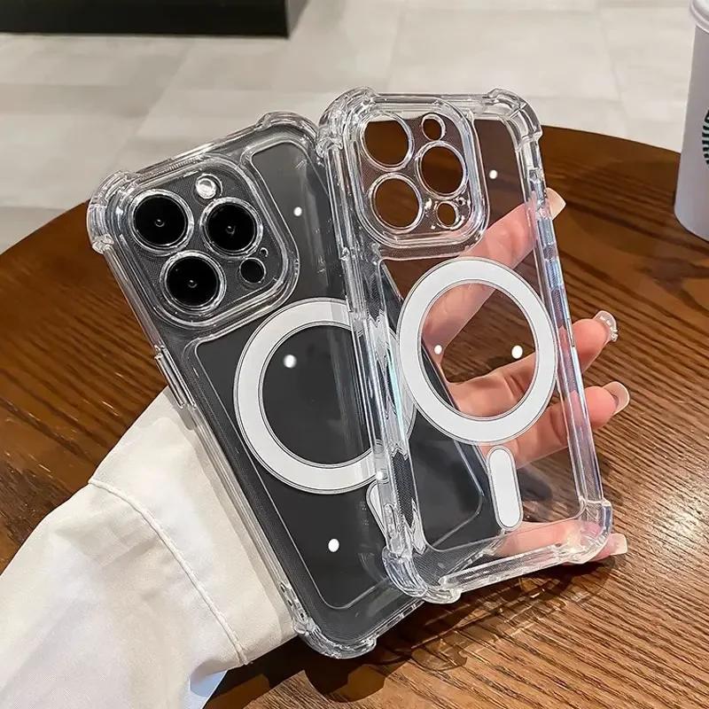 Luxury Magsafe Transparent Case for iPhone 16 15 14 13 12 11 Pro Max Plus Magnetic Wireless Charge Shockproof Soft Bumper Cover