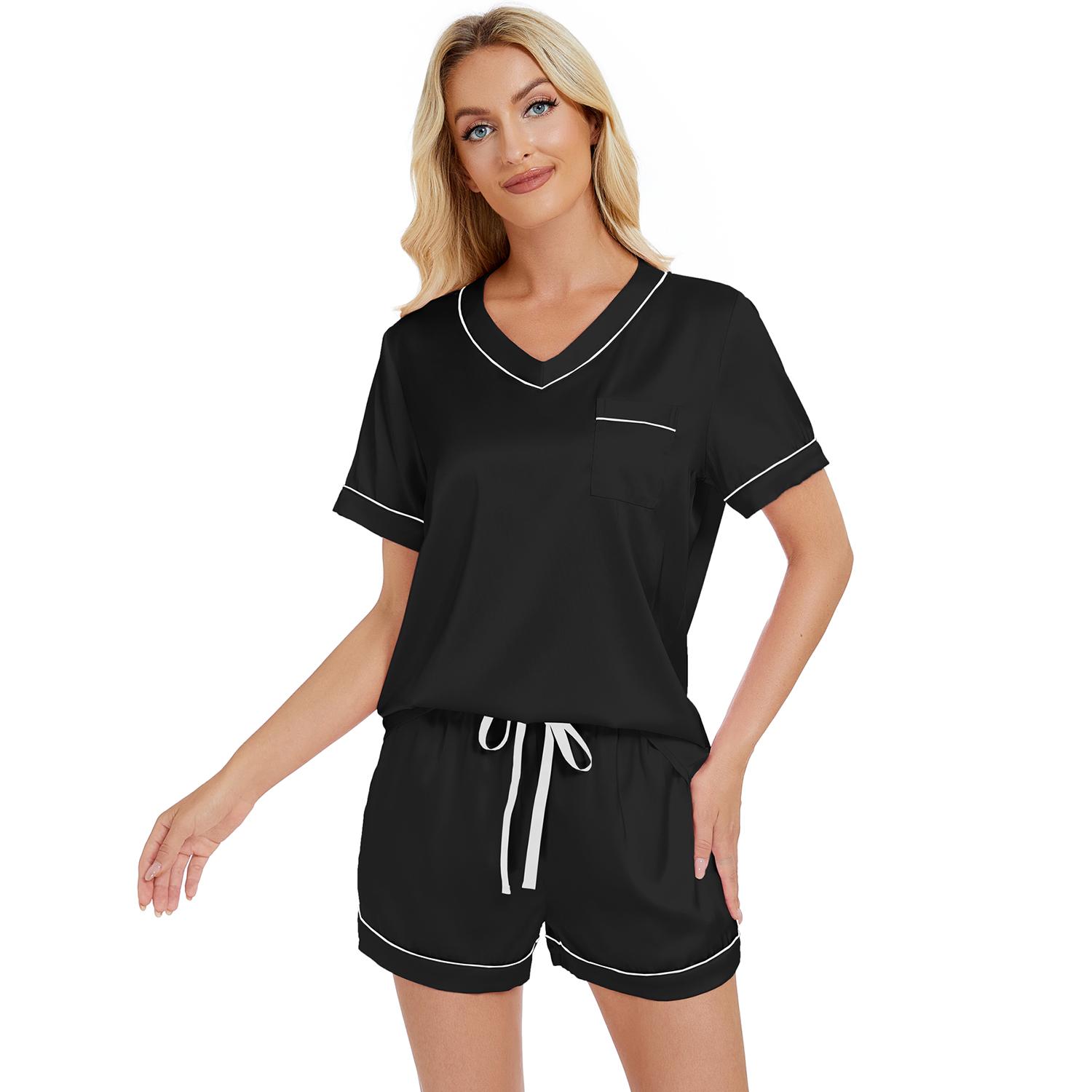 

Женские костюмы для сна Имитация шелка V-образный вырез Рубашки Шорты Комплекты пижам Сатин Одежда для сна Лето Домашняя одежда L чёрный