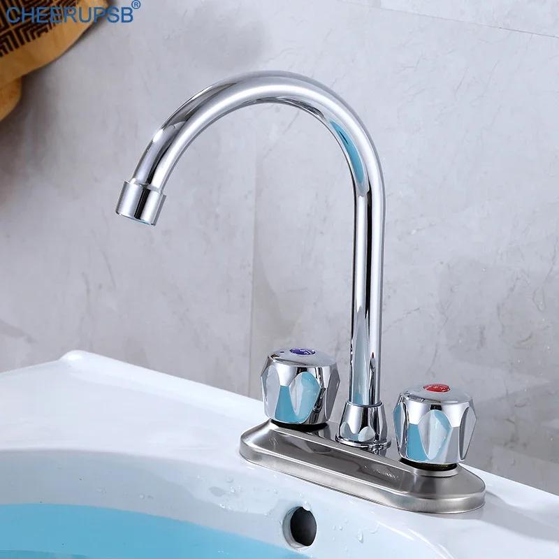 Double Double Hole Basin Faucet Double Switch Hot and Cold Faucet Wash Basin Kitchen Bathroom Sink Double Control Faucet