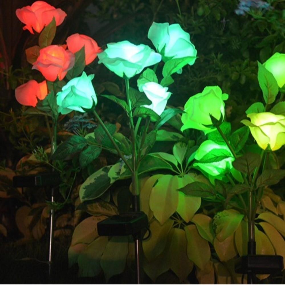 Realistic Solar Artificial Flower Light 3 Heads Solar Rose Flowers Lantern  Landscape Decor