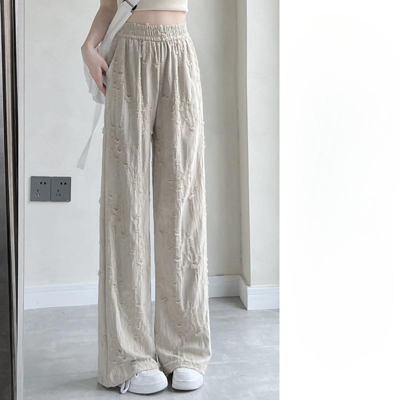 White Ripped Wide-leg Pants for Women In Summer New Design High Waist Drape Slimming Straight-leg Casual Floor Pants