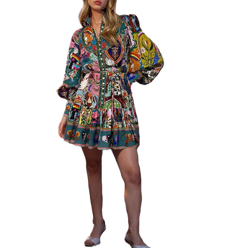 2026 Cross-border foreign trade European and American women's clothing, new spring models, casual printed lantern sleeves ruffle dress