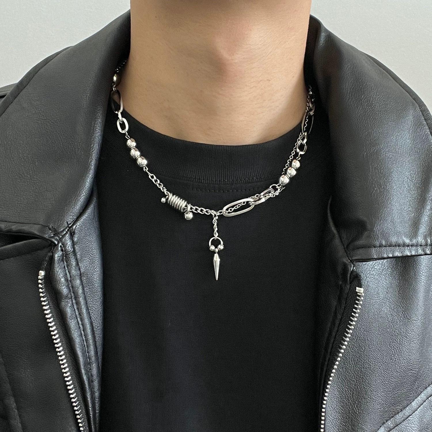 Titanium Steel Bead Rivet Layered Necklace Men s Hip Hop Minimalist Collarbone Chain Accessory