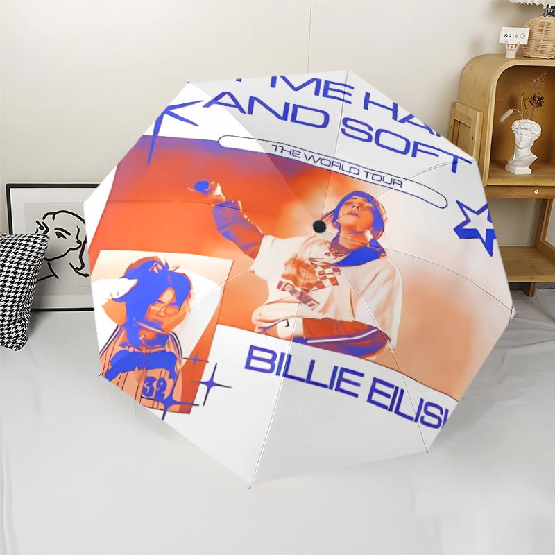 Singer Billie Eilish1 Print Automatic Umbrella, 8 Rib Iron Frame, Plastic Handle, Suitable for Outdoor Travel &Daily , Ideal Gift