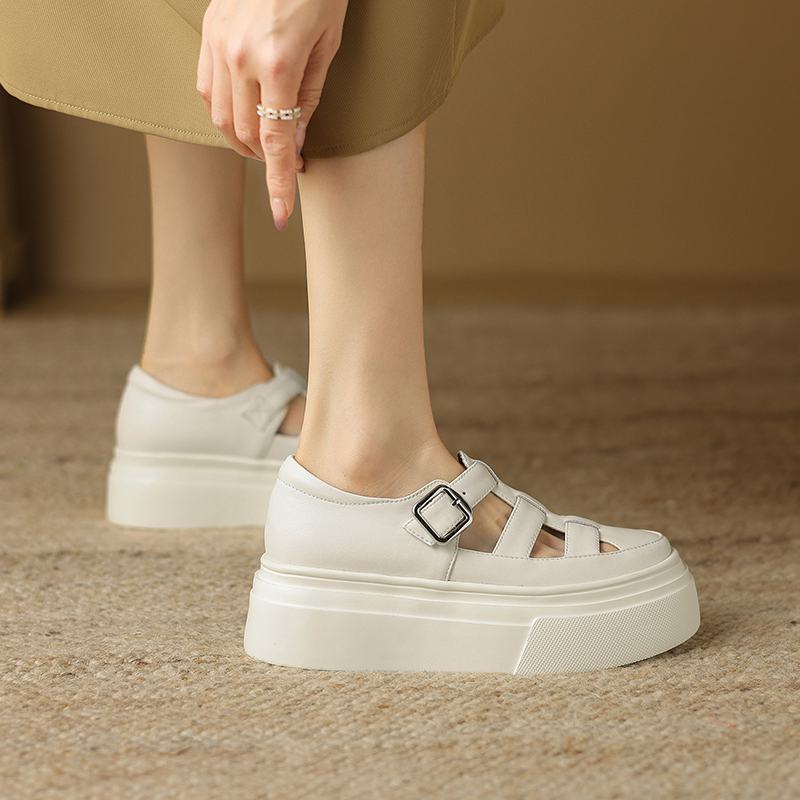 Krazing Pot Baskets en cuir véritable pour femme, chaussures décontractées, printemps, automne, été, plateforme, sangles à boucle, couleur argent