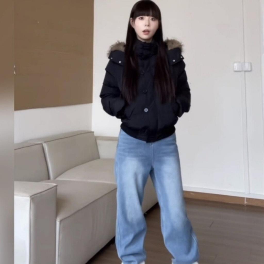 Amerykański Retro Futrzany Kołnierz Ciepły Jednolity Kolor Damski Bawełniany Płaszcz z Kapturem Ins Zima Luźny Casualowy Slim Bawełniany Płaszcz Kurtki