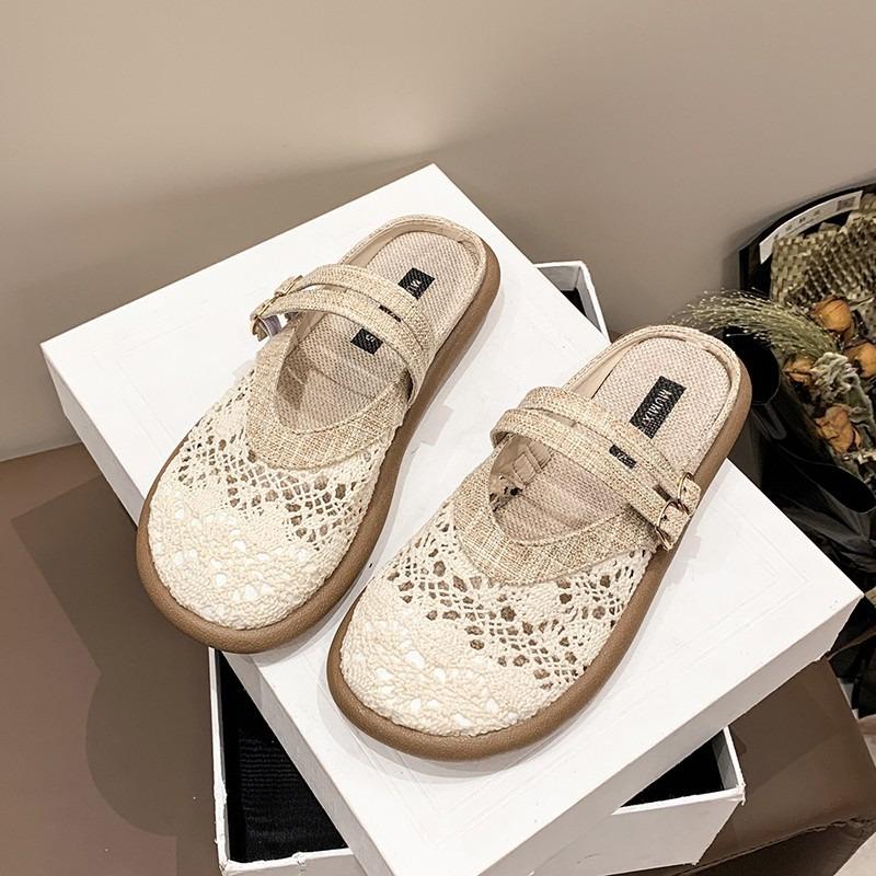 Grid linen lace casual non-slip breathable large size ethnic style linen lace casual flat-bottomed slippers women