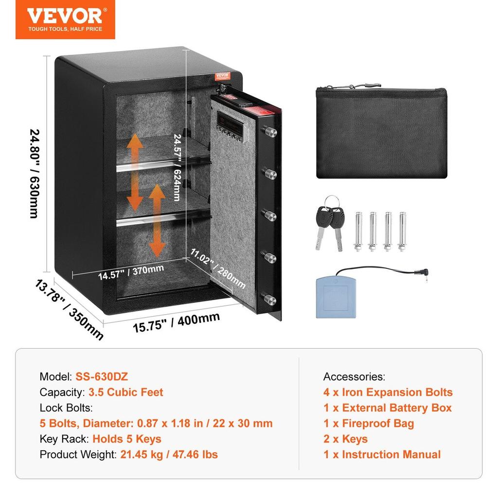Single Door 4.0 Cu.ft Safe Box with Key Lock & Password LED Light Black