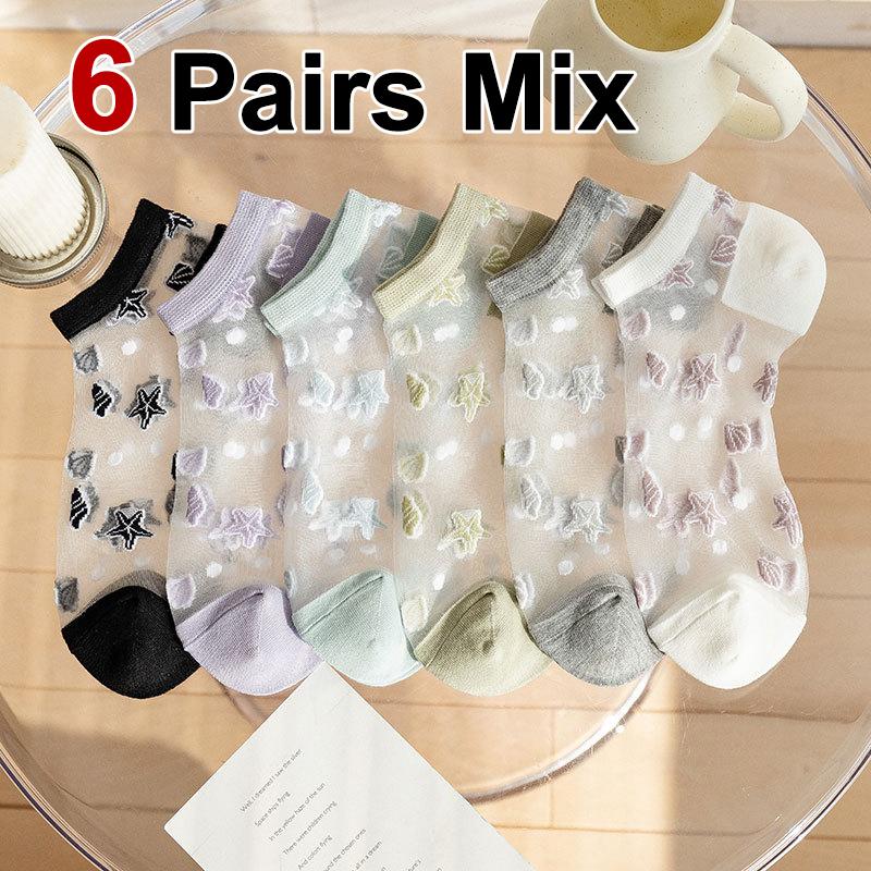 

6/12 пар женских прозрачных кристально-шелковых коротких носков для лета, тонких, дышащих, модных, с узором в виде морской звезды и ракушки, повседневных носков One Size