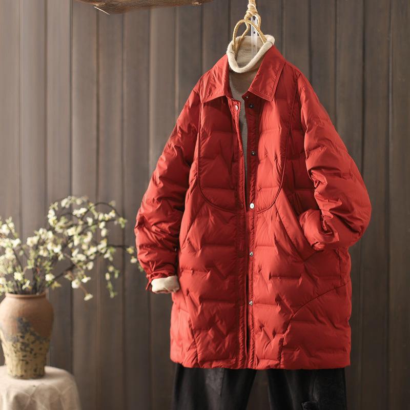 Shirt collar light down jacket women's new winter medium and long white duck down simple loose coat