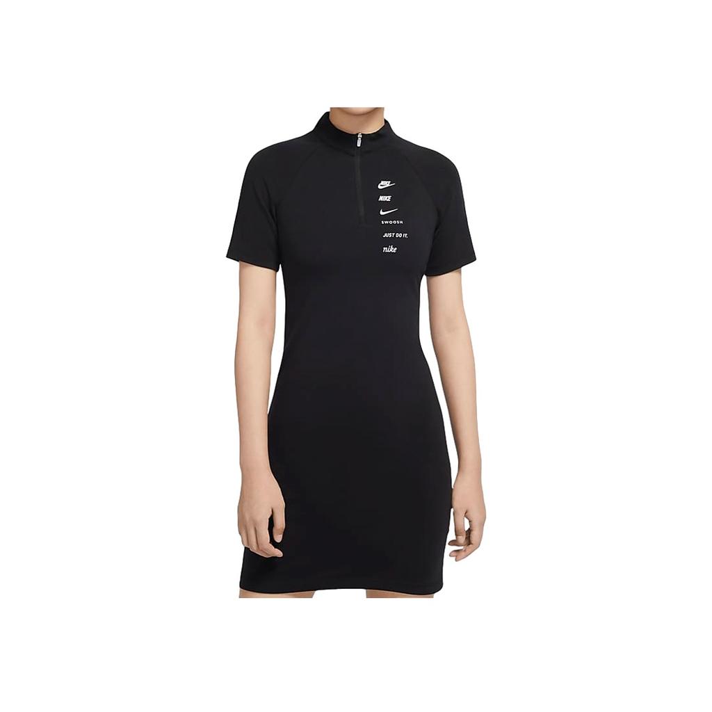 Nike Sportswear Swoosh Casual Long Dress Half Zip Athletic Slim Fit Short Sleeve Dress Women Dresses Black CU5675-011
