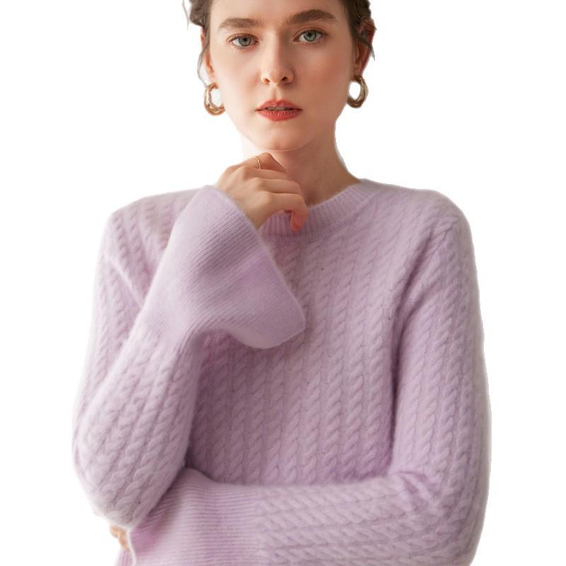 Women's Cashmere Round Neck Cable Knit Sweater - Thick, Loose Cuffs, Slit Design