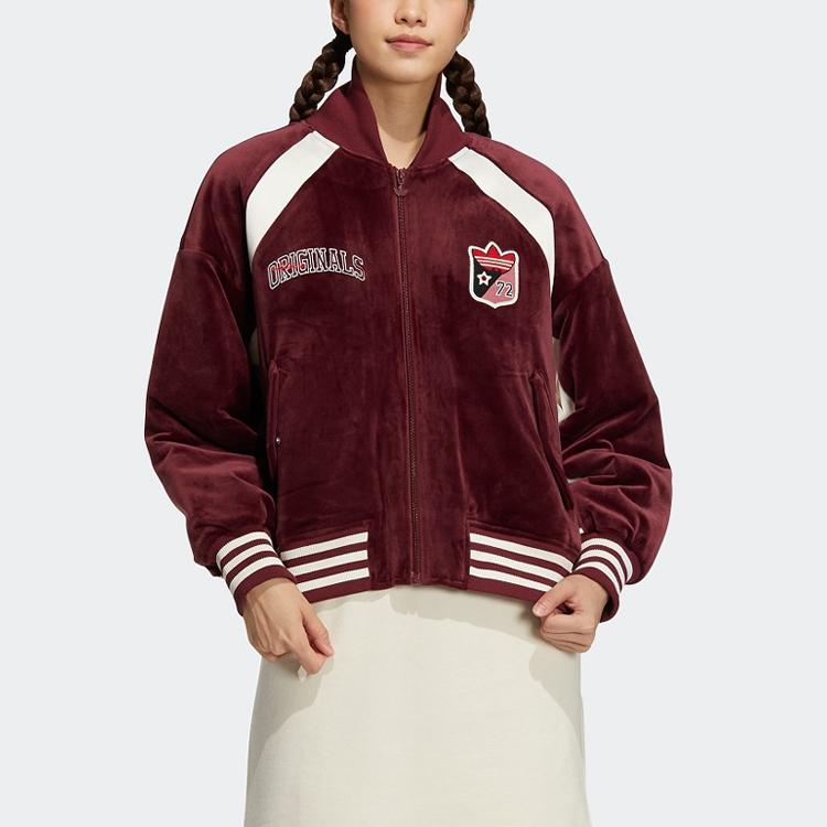 Adidas Originals Trefoil Striped Detail Logo Embroidery Color-Block Zip-Up Cotton Jacket Women Outerwear Burgundy HY4180
