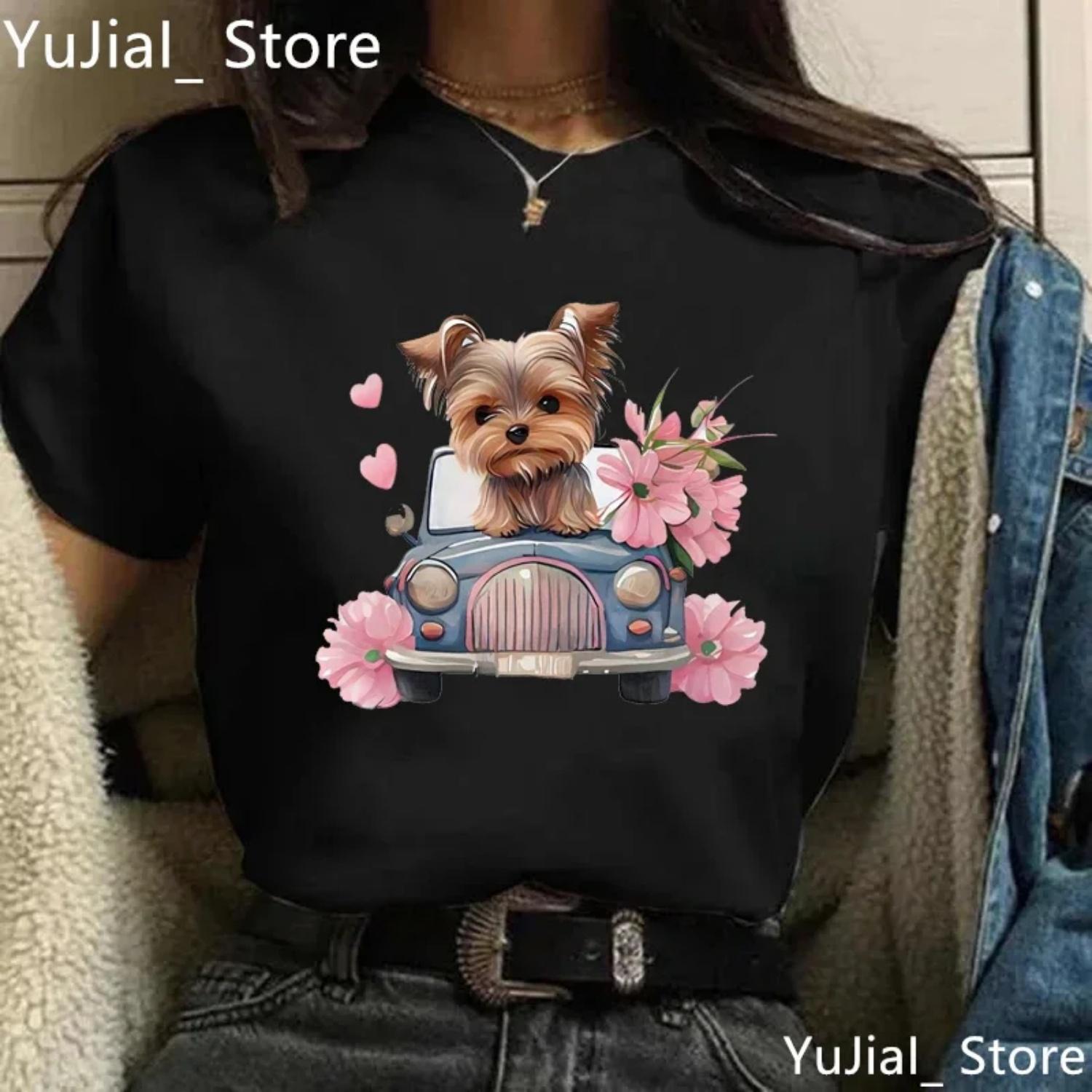 Yorkie Love Car Print T Shirt Girls Pink Flowers Dog Lover Tshirt Women Gray Green Yellow Pink Black White T-Shirt Female S чёрный