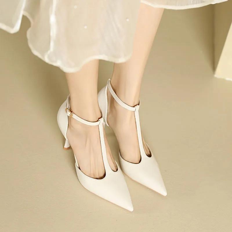 Red High Heels Women Shoes Hollow Pointed Toe Pumps Fashion T-type Ankle Buckle Strap Ladies  New Sexy Party Dress Shoes