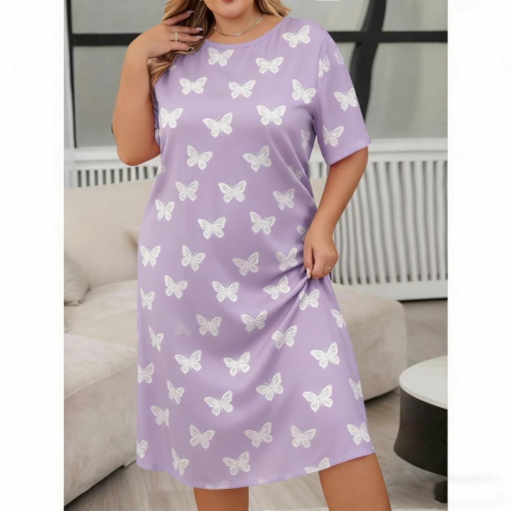 

Europe and America Summer Fashion Print Women Short Sleeve Sleepwear Dresses Loose Fit Tee Nightwear Home Clothes Nightie Loungewear S